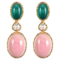 Green Agate and Pink Shell Drop Earring in 18K Gold Vermeil Sterling Silver
