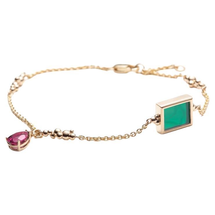 Green Agate and Rhodolite Chain Bracelet in 14K yellow Gold, by SERAFINO