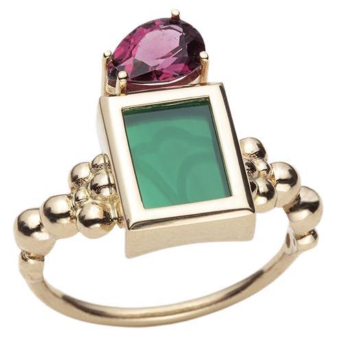 Green Agate and Rhodolite Ring in 14K yellow Gold, by SERAFINO For Sale