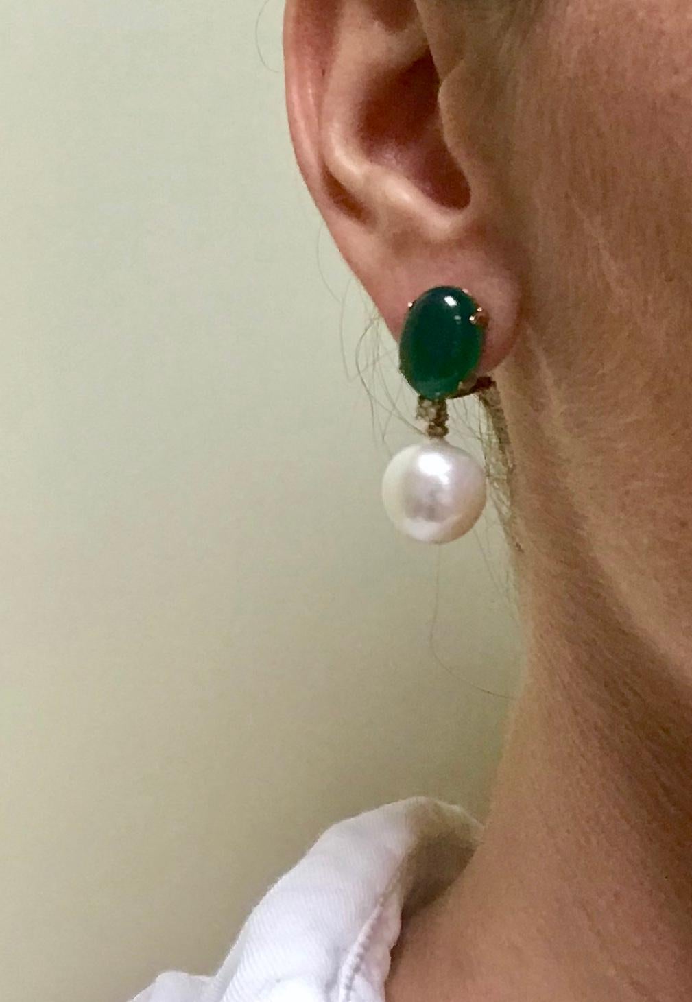 Green Agate, Baroque Pearl and White Diamonds Dangling Earrings in Yellow Gold 5