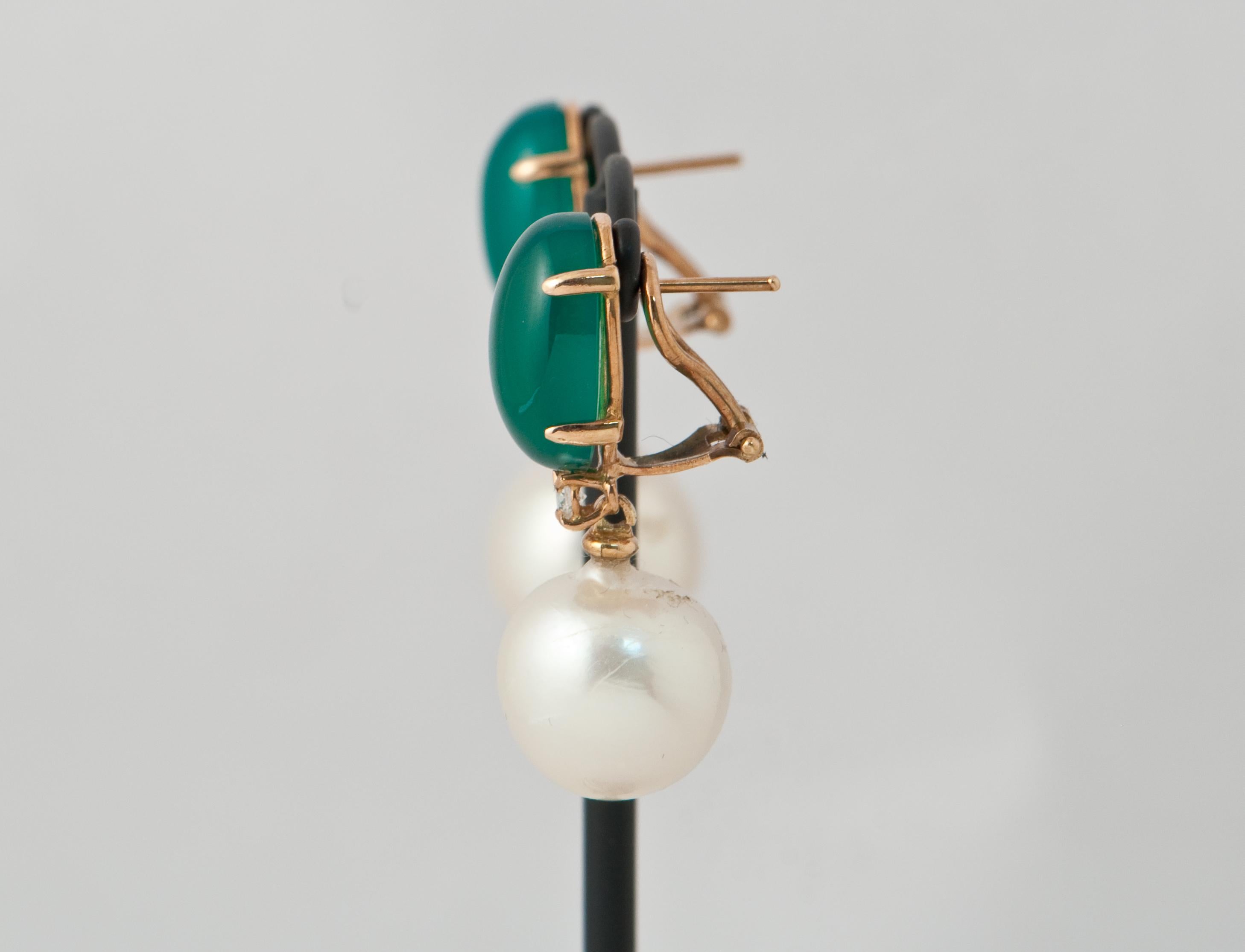 Women's Green Agate, Baroque Pearl and White Diamonds Dangling Earrings in Yellow Gold