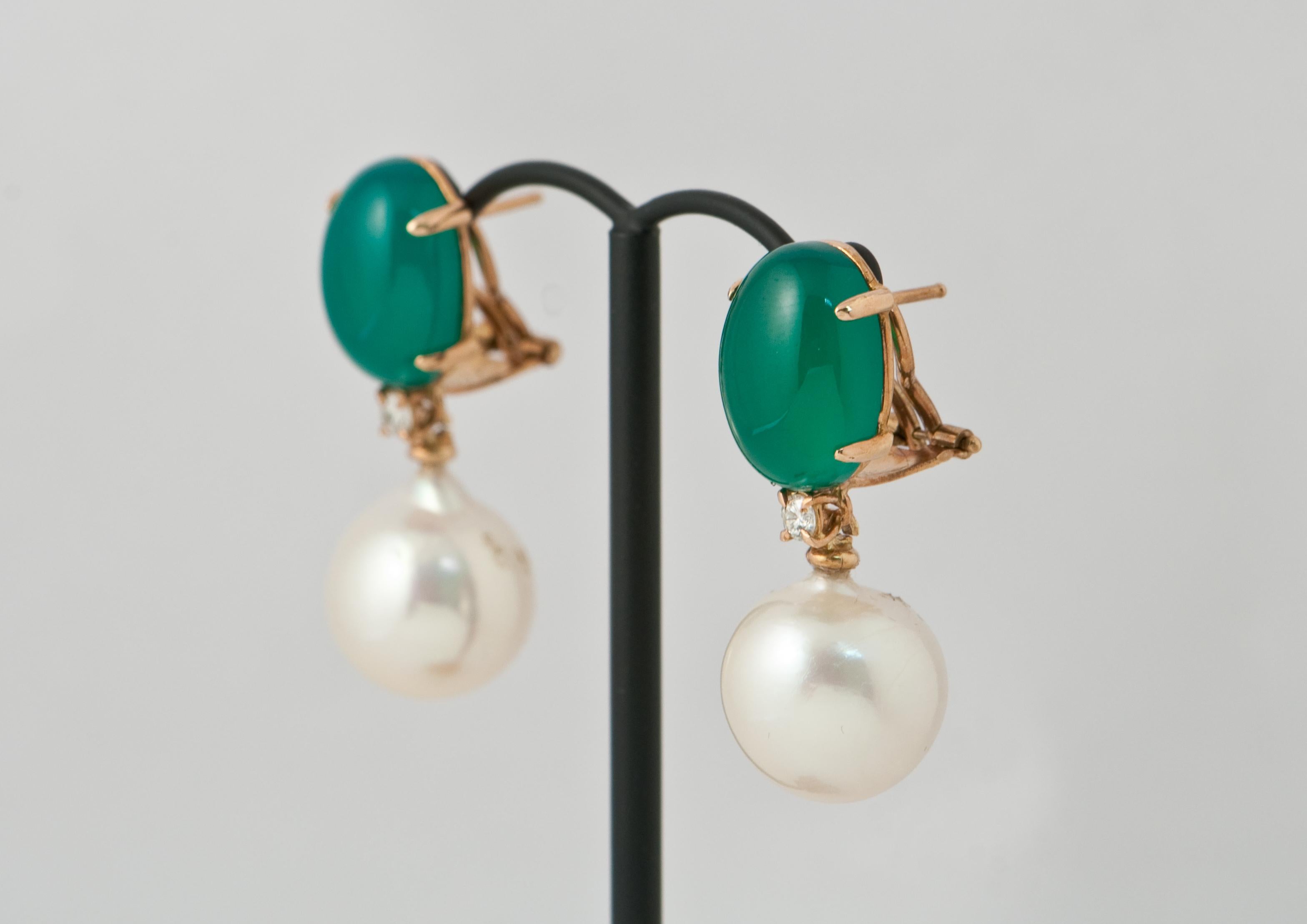 Green Agate, Baroque Pearl and White Diamonds Dangling Earrings in Yellow Gold 1