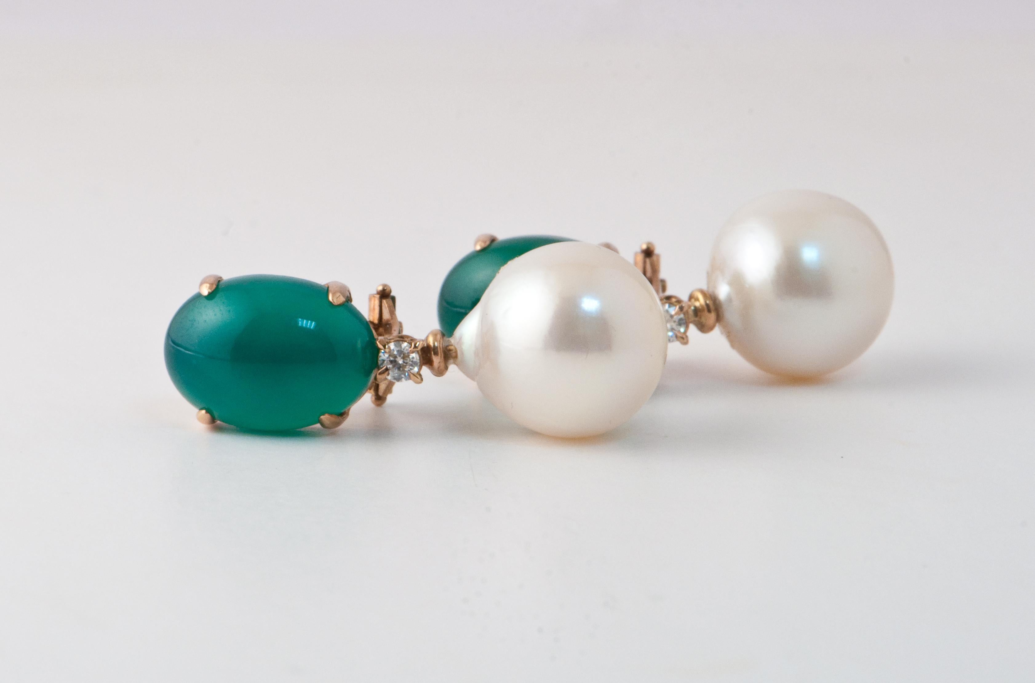 Green Agate, Baroque Pearl and White Diamonds Dangling Earrings in Yellow Gold 2