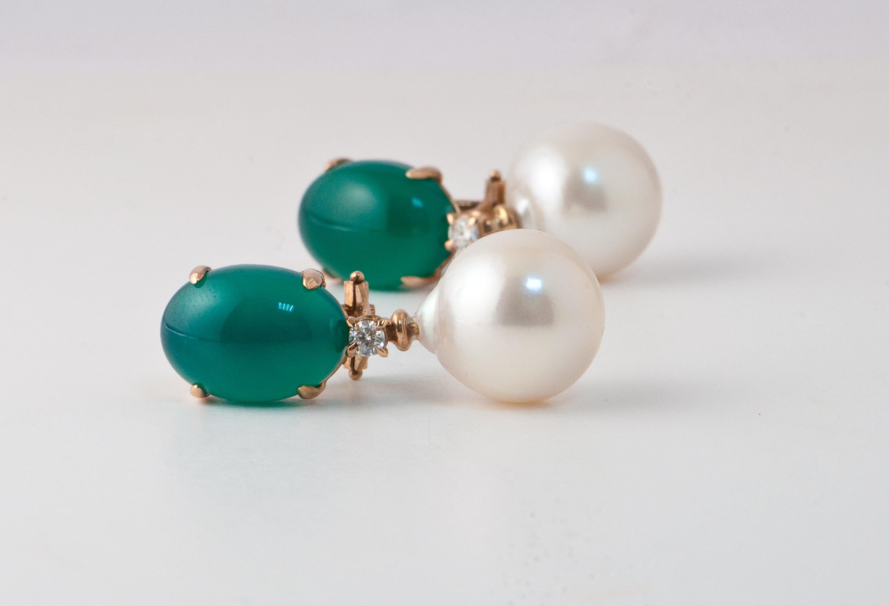 Green Agate, Baroque Pearl and White Diamonds Dangling Earrings in Yellow Gold 3