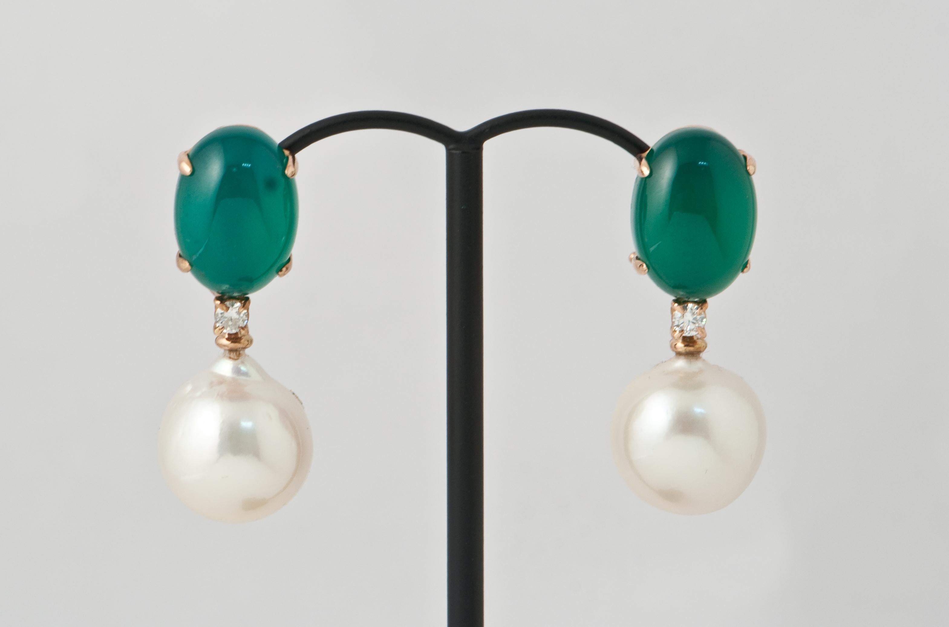 Green Agate, Baroque Pearl and White Diamonds Dangling Earrings in Yellow Gold 4