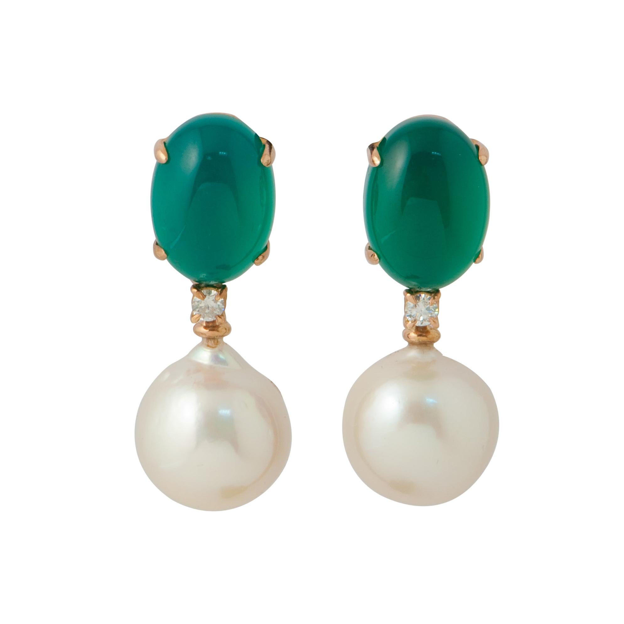 Green Agate, Baroque Pearl and White Diamonds Dangling Earrings in Yellow Gold