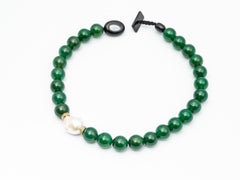 Green Agate Beads Necklace Accompanied by Baroque Pearl and 0.32 Ct of Tsavorite