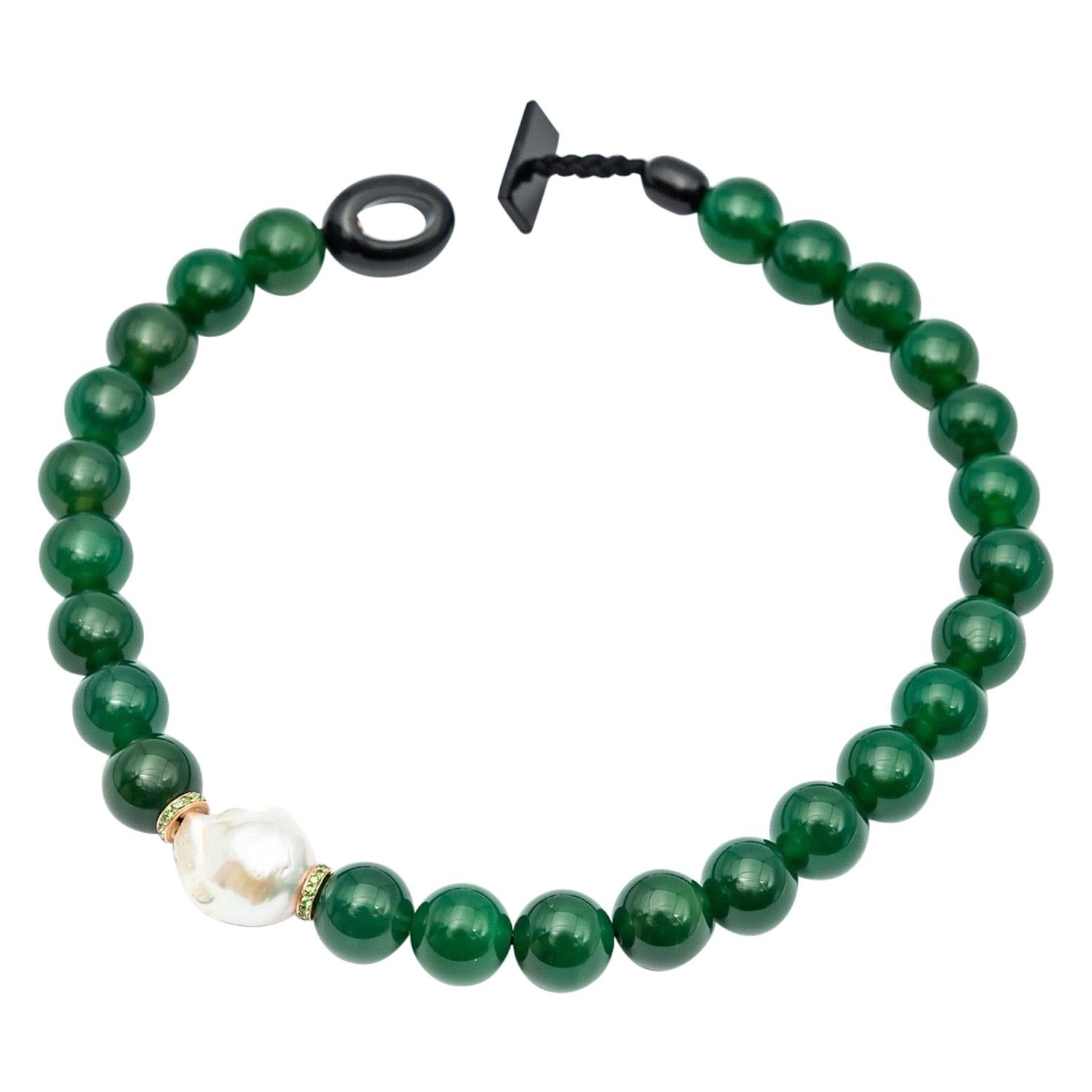 Green Agate Beads Necklace Accompanied by Baroque Pearl and 0.32 Ct of Tsavorite