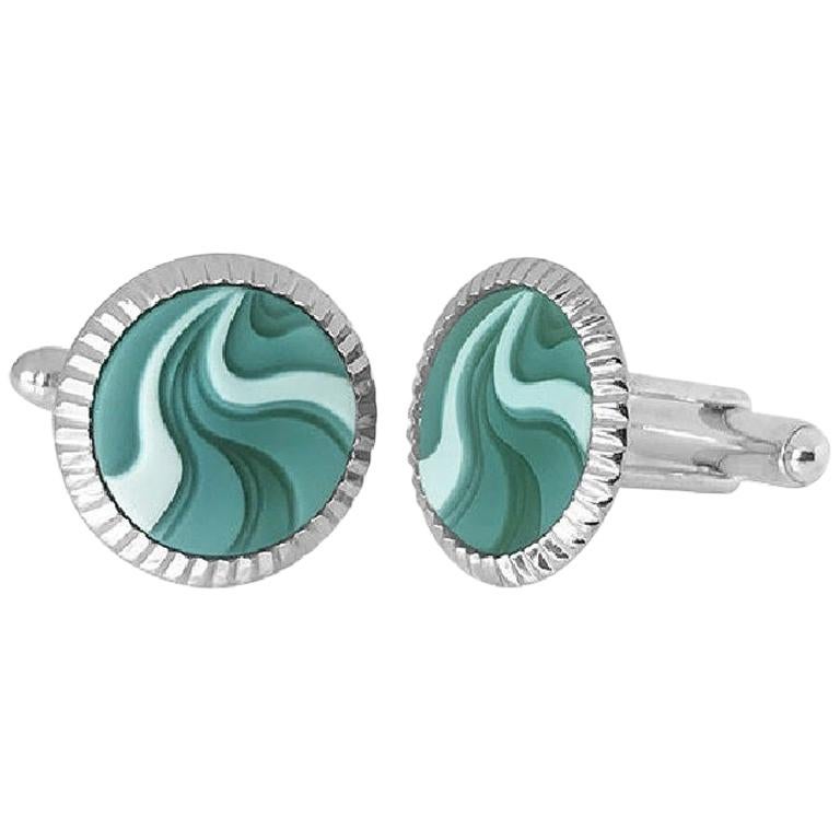 Green Agate Chalcedony Gemstone Carving Sterling Silver Cufflinks
