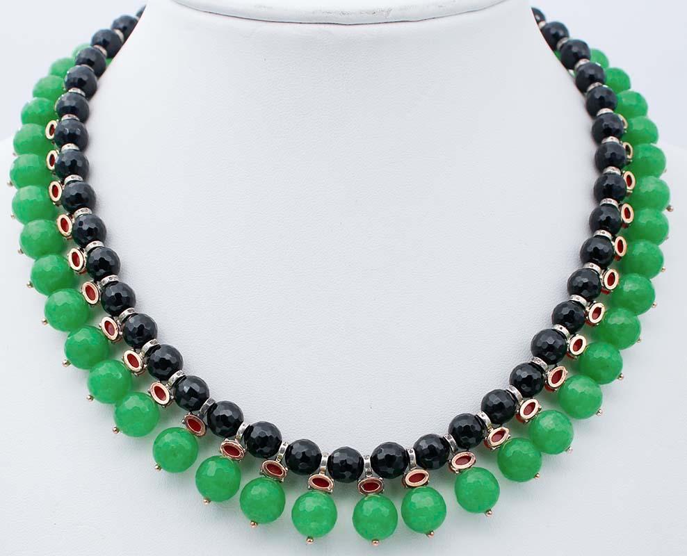 Mixed Cut Green Agate, Coral, Diamonds, Onyx, 9 Karat Rose Gold and Silver Necklace For Sale