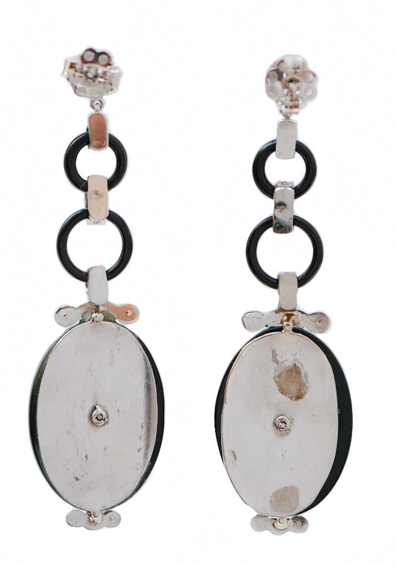 Pendientes de ágata verde, coral, ónice, diamantes y platino. Retro en venta