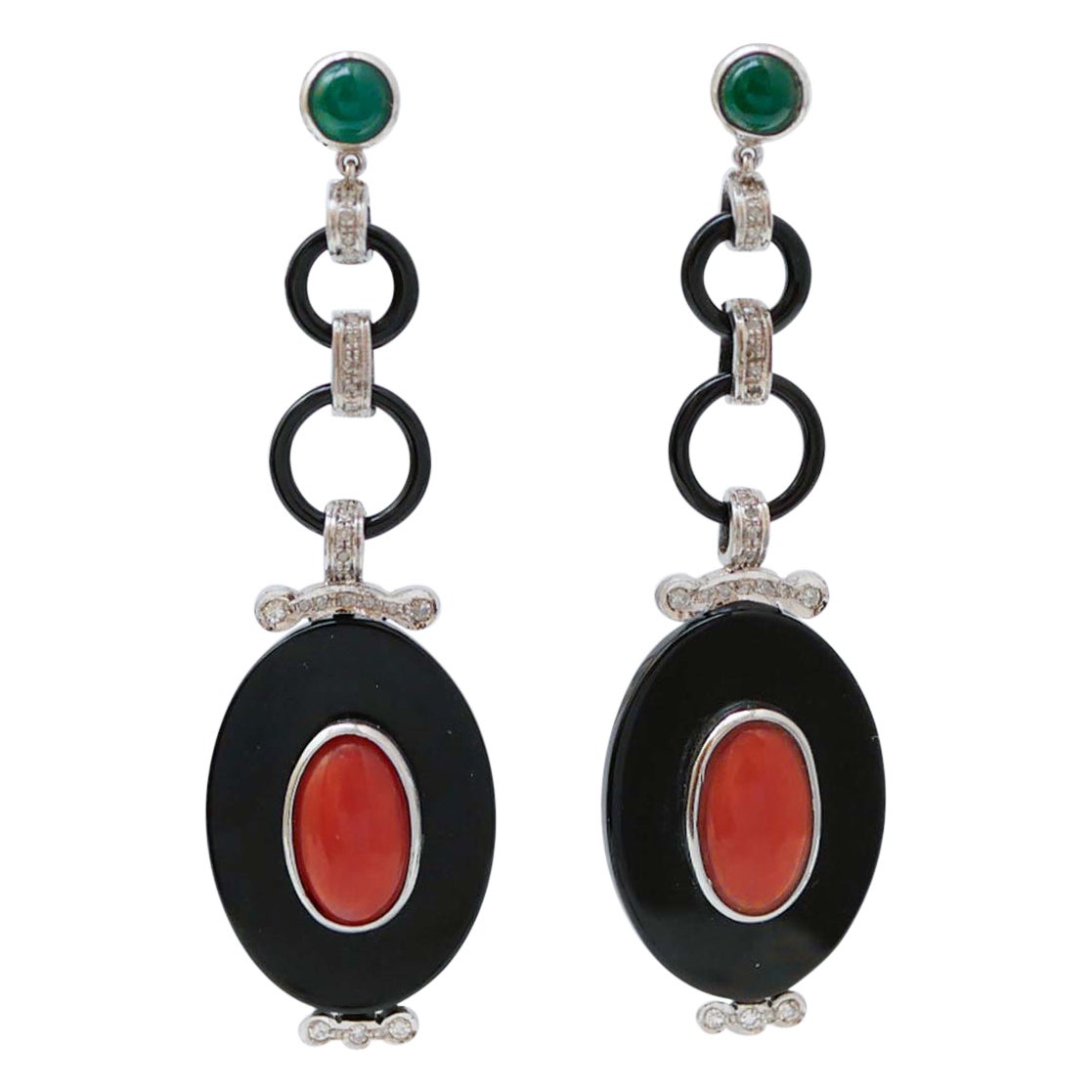 Green Agate, Coral, Onyx, Diamonds, Platinum Earrings. For Sale