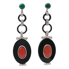 Green Agate, Coral, Onyx, Diamonds, Platinum Earrings.