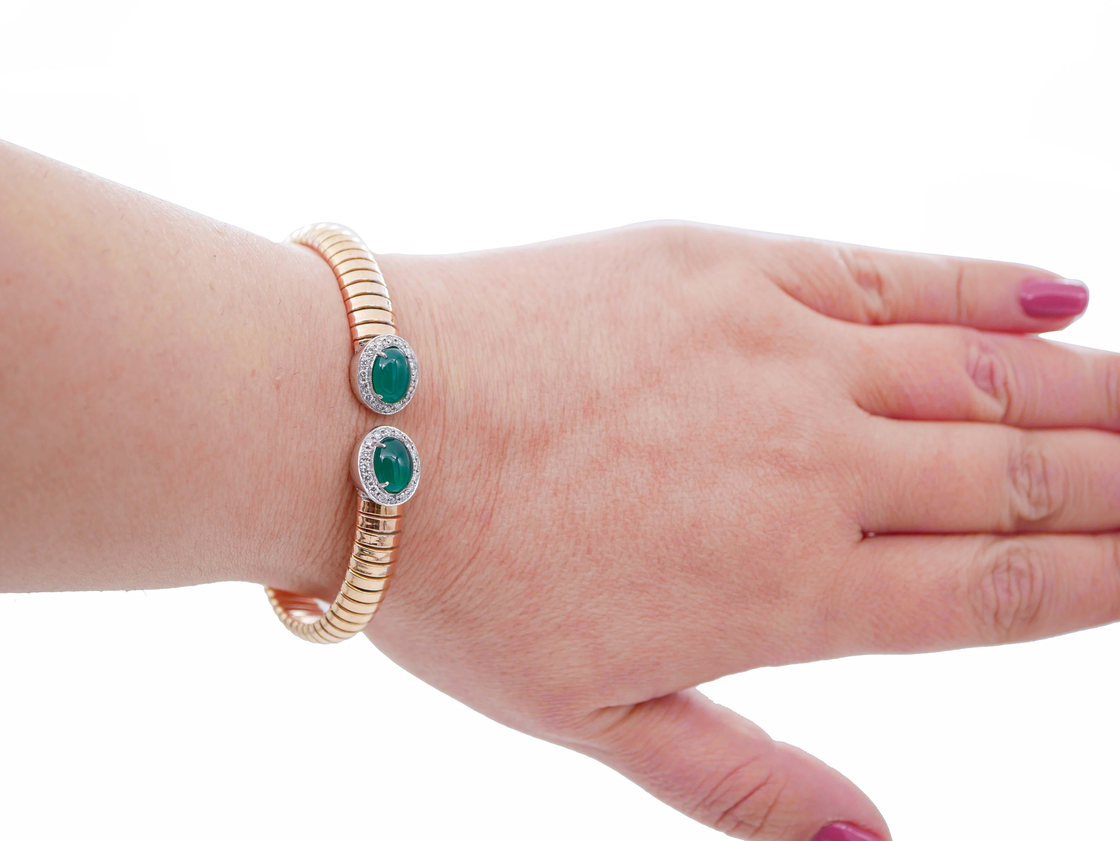 Mixed Cut Green Agate , Diamonds, 18 Karat Rose and White Gold Tubogas Bracelet For Sale