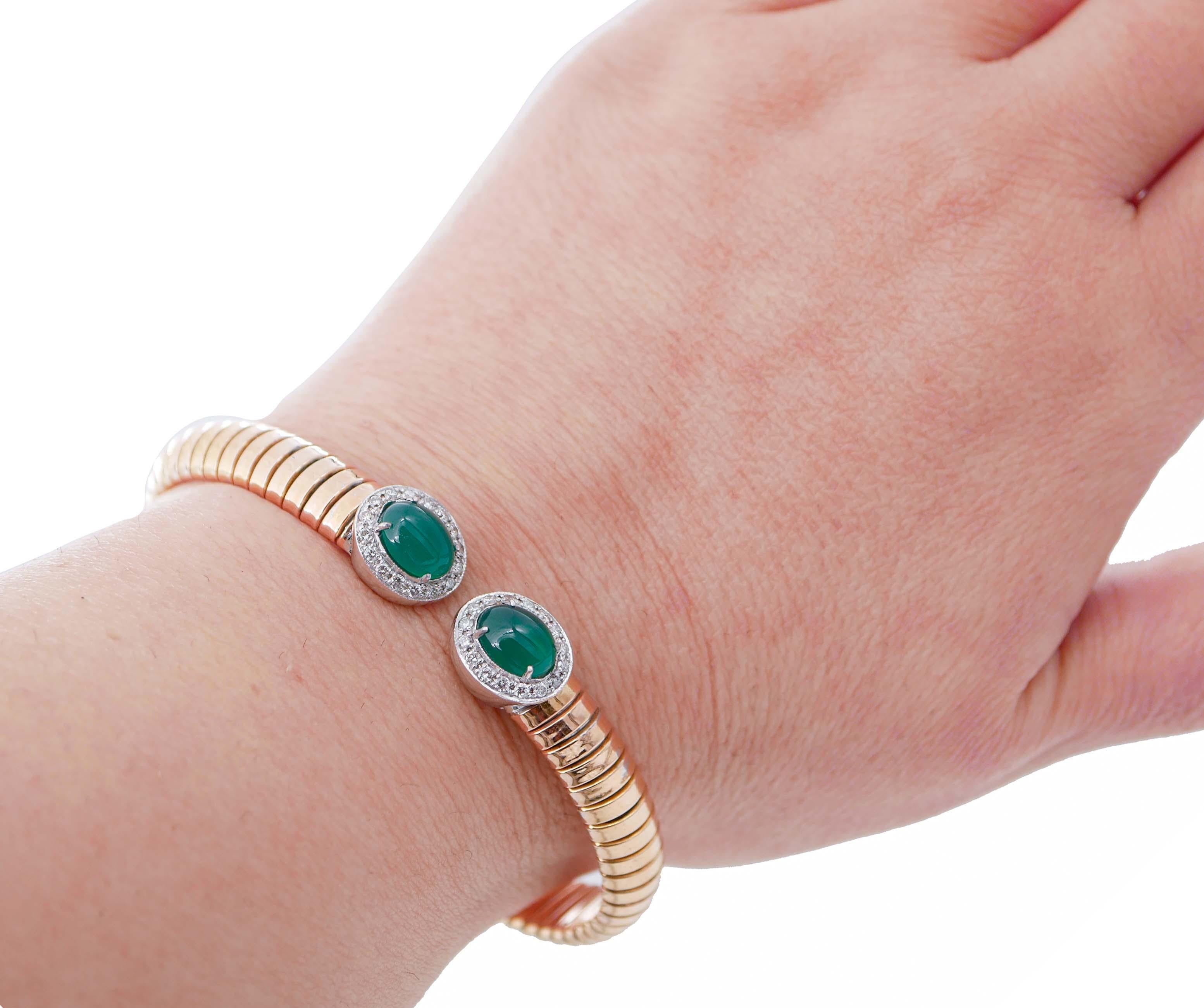 Green Agate , Diamonds, 18 Karat Rose and White Gold Tubogas Bracelet In Good Condition For Sale In Marcianise, Marcianise (CE)