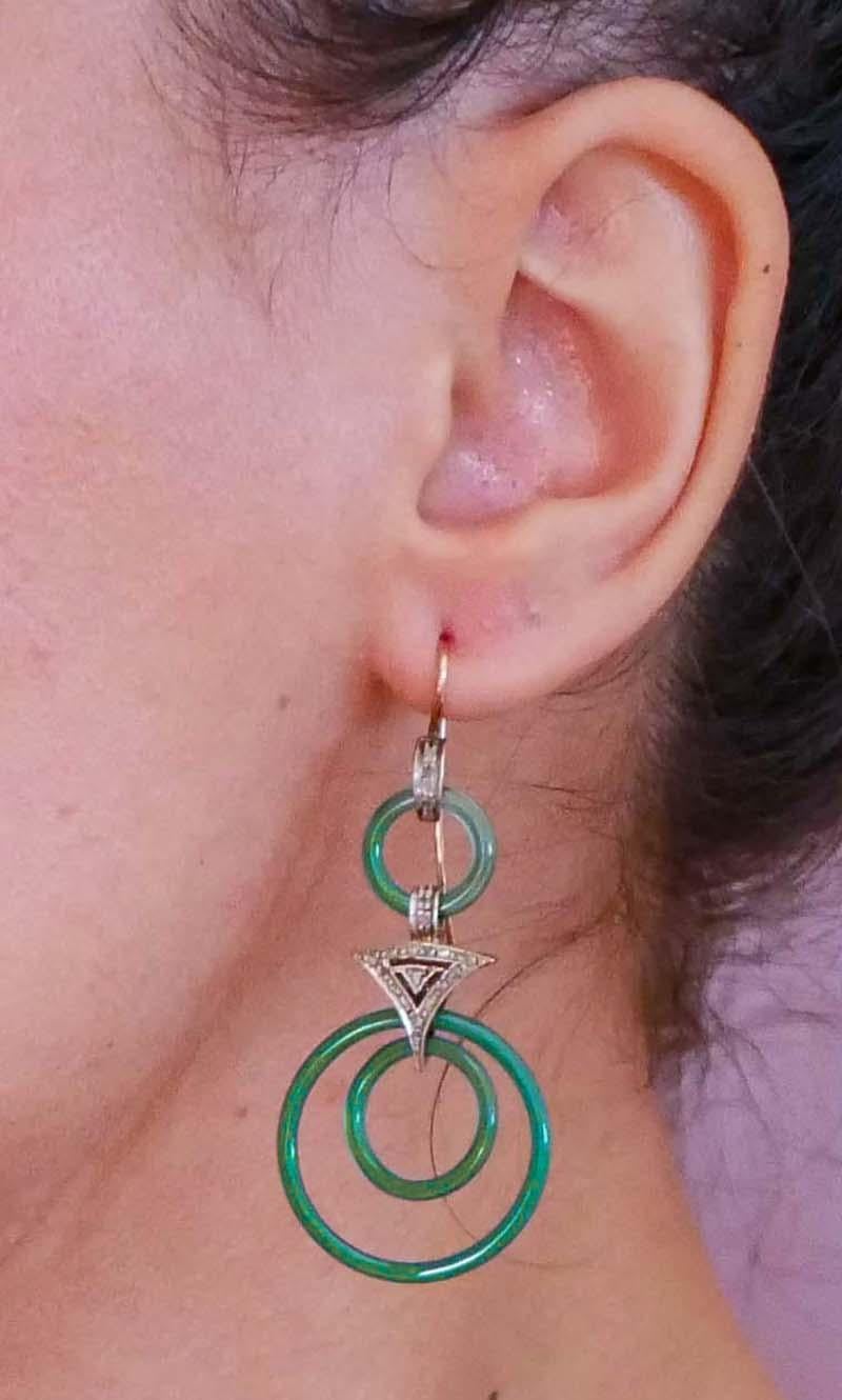 Green Agate, Diamonds, Rose Gold and Silver Dangle Earrings. In Good Condition For Sale In Marcianise, Marcianise (CE)