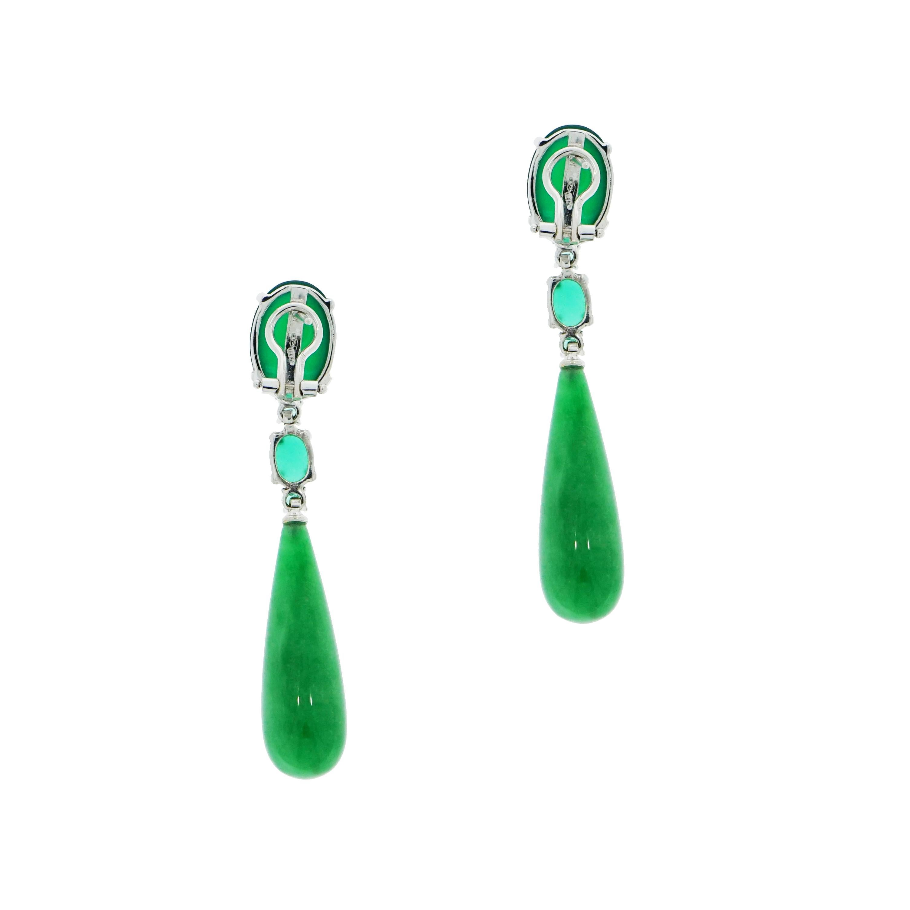 Artist Green Agate and Emerald Drop White Gold Earrings