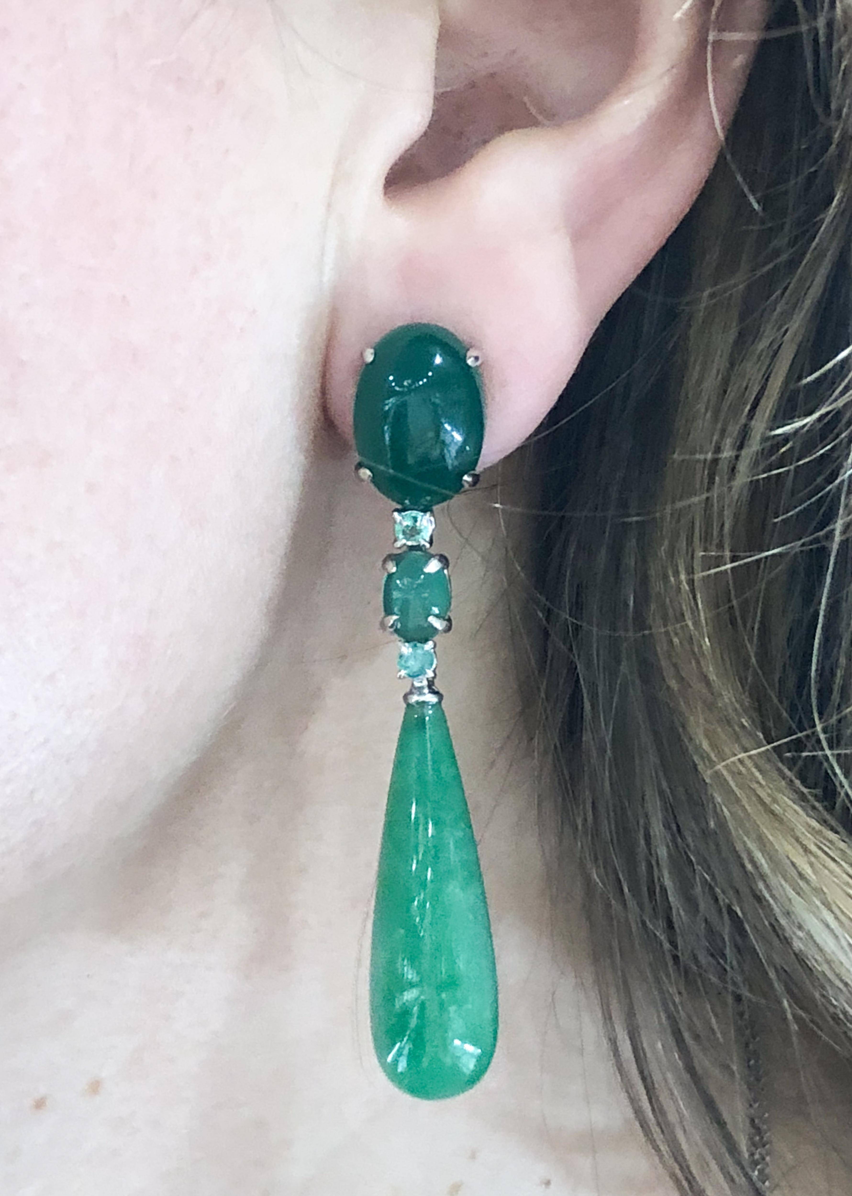 Green Agate and Emerald Drop White Gold Earrings In New Condition In Greenwich, CT