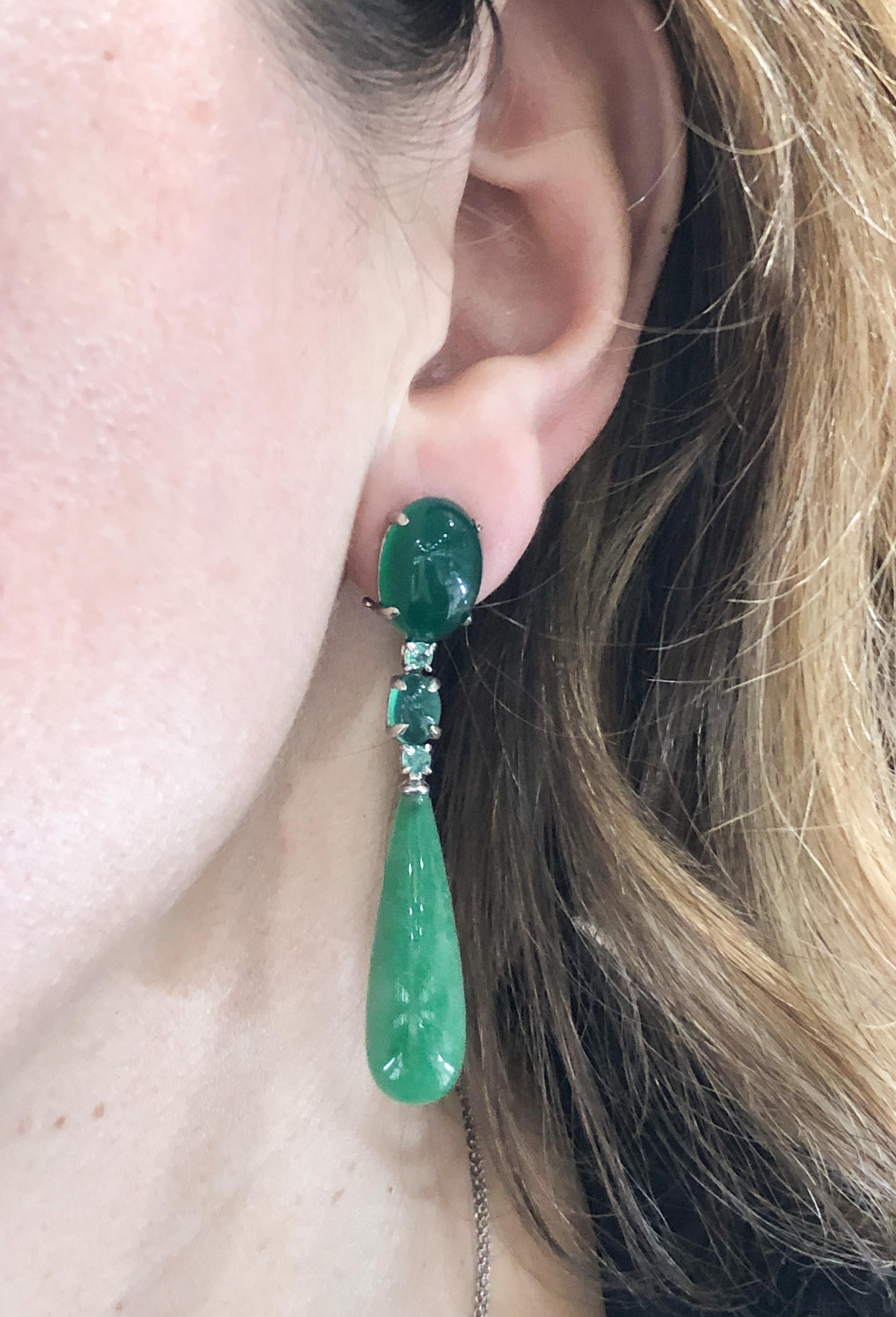 Women's Green Agate and Emerald Drop White Gold Earrings