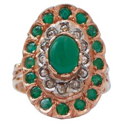 Green Agate, Emeralds, Diamonds, Rose Gold and Silver Ring.