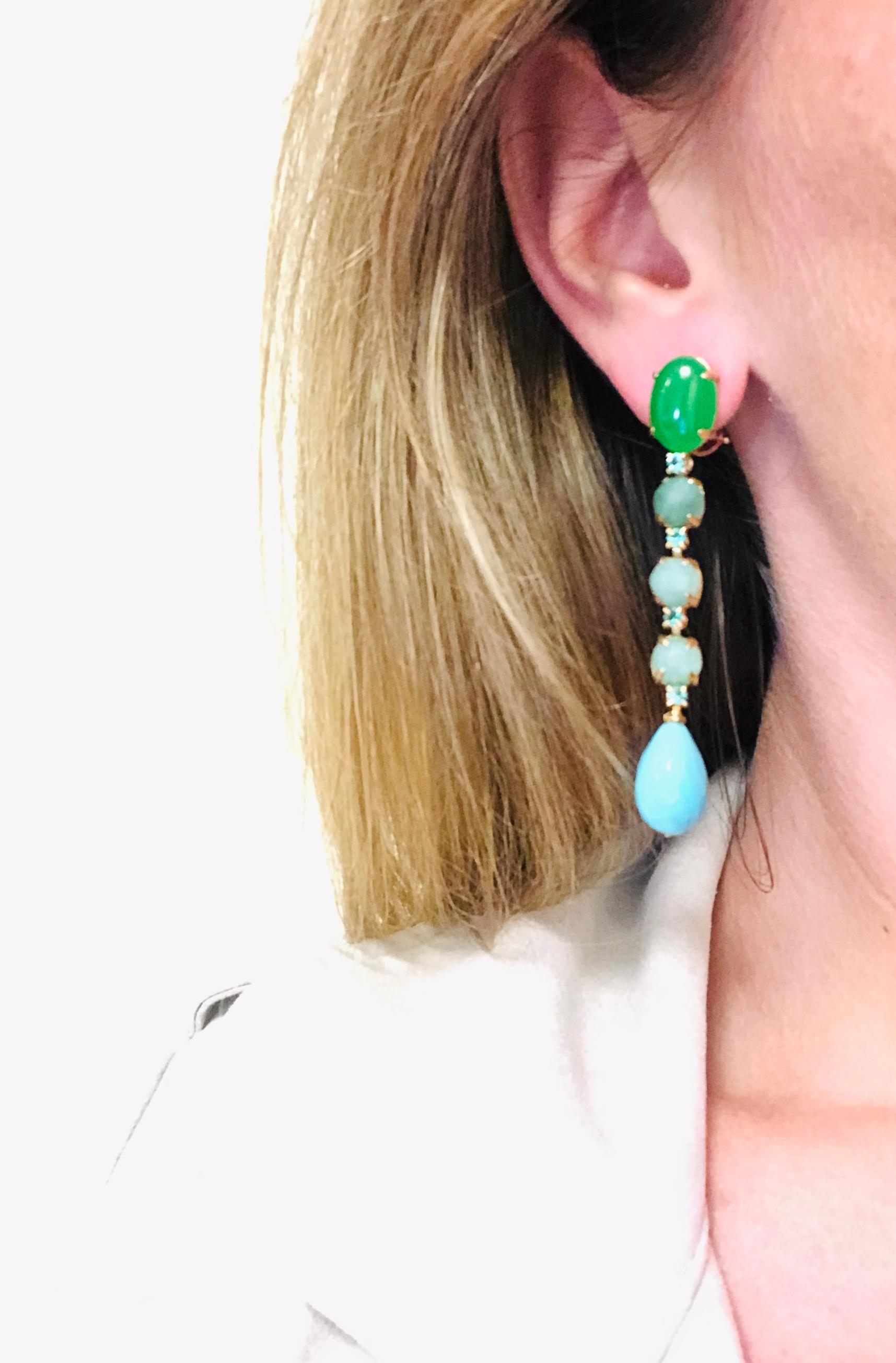 Green Agate, Emeralds, Turquoise on Yellow Gold 18 Karat Chandelier Earrings 5