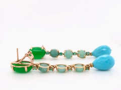 Green Agate, Emeralds, Turquoise on Yellow Gold 18 Karat Chandelier Earrings