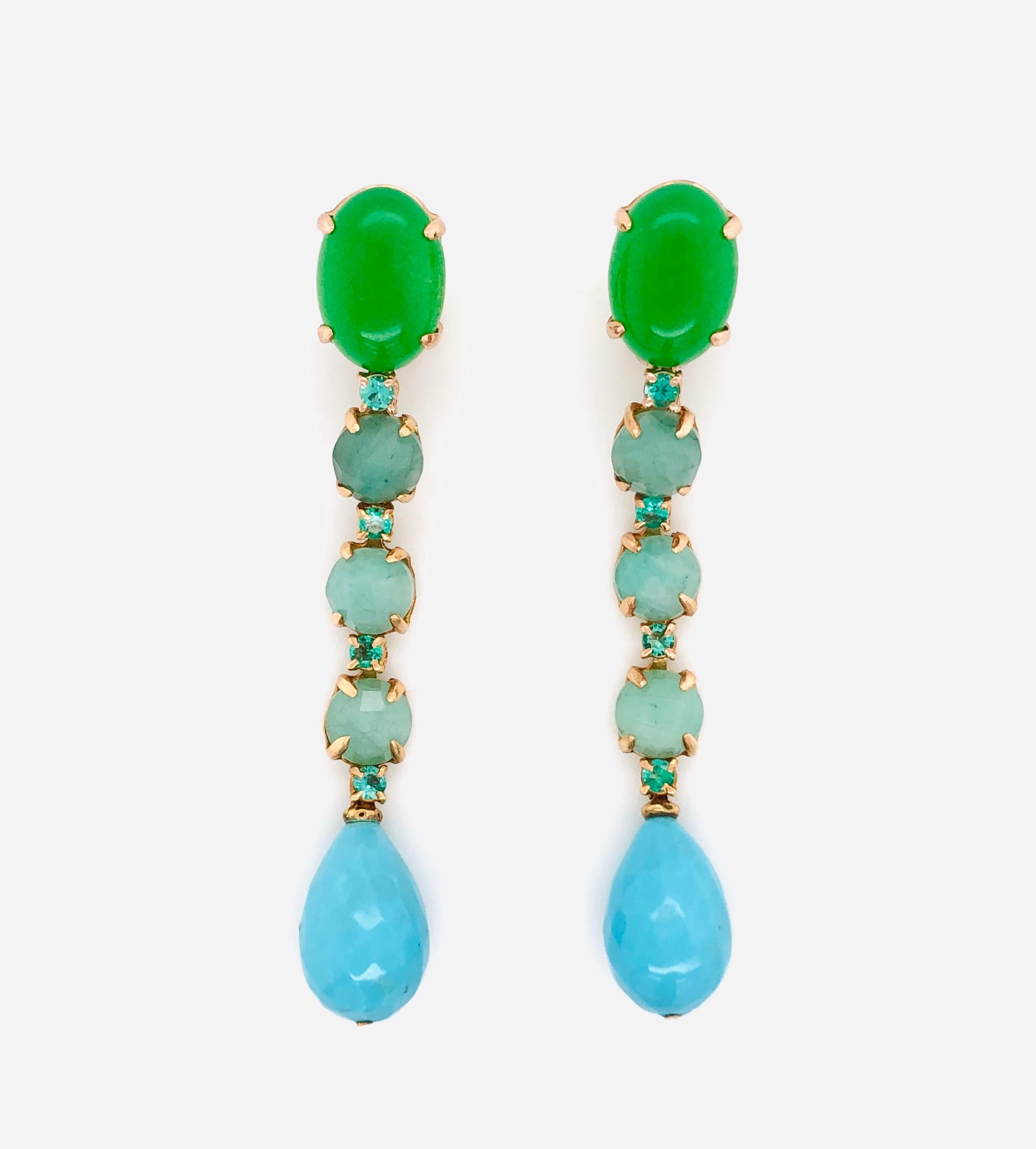 Brilliant Cut Green Agate, Emeralds, Turquoise on Yellow Gold 18 Karat Chandelier Earrings