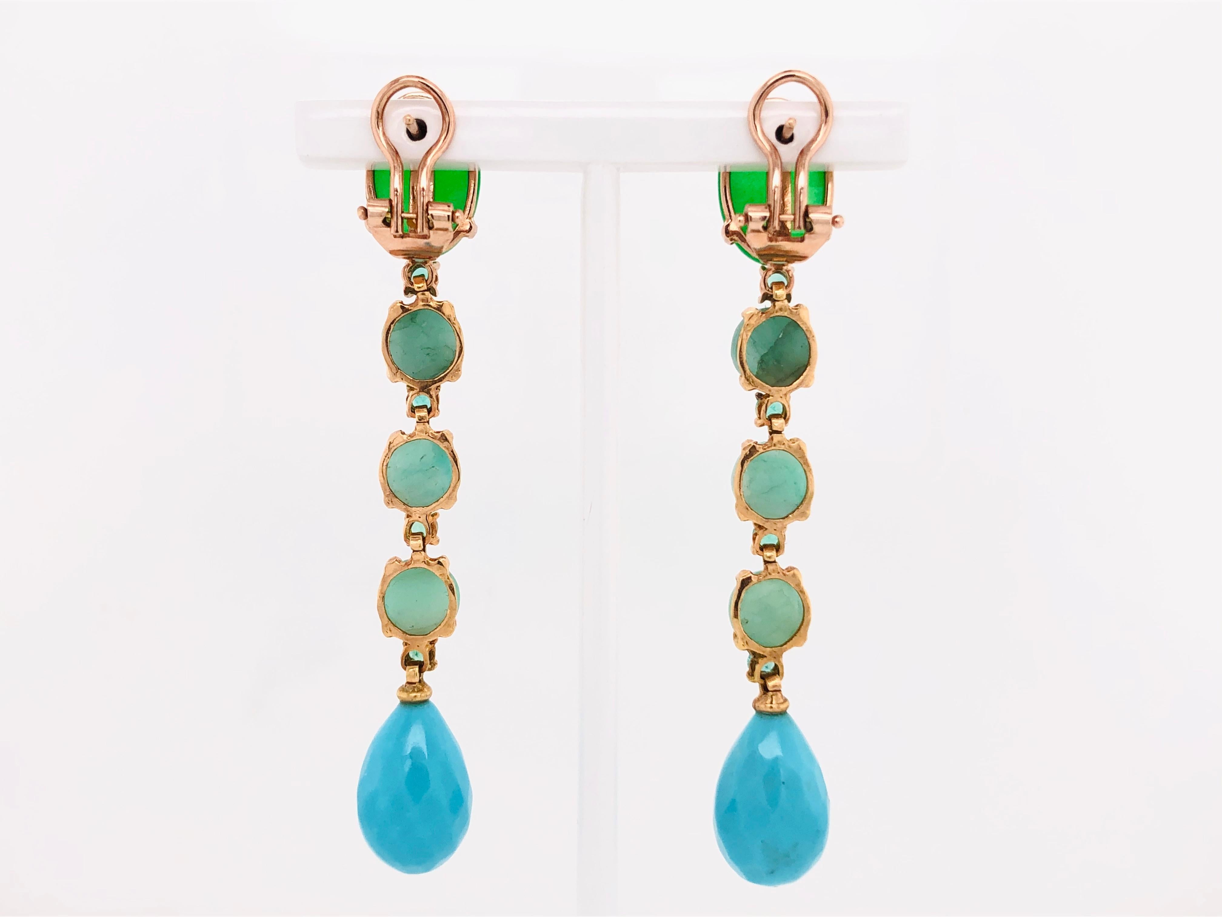 Women's Green Agate, Emeralds, Turquoise on Yellow Gold 18 Karat Chandelier Earrings