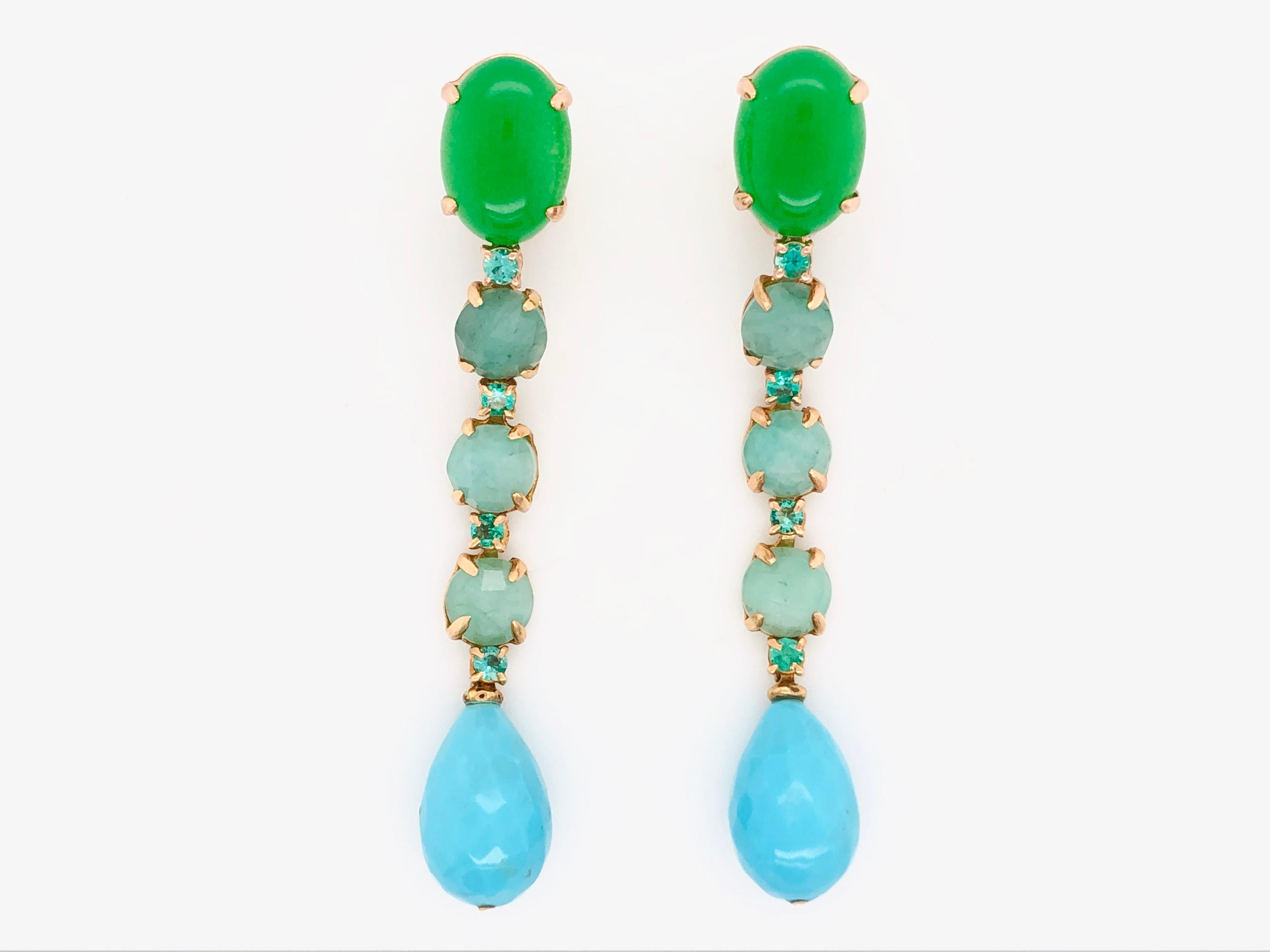 Green Agate, Emeralds, Turquoise on Yellow Gold 18 Karat Chandelier Earrings 1