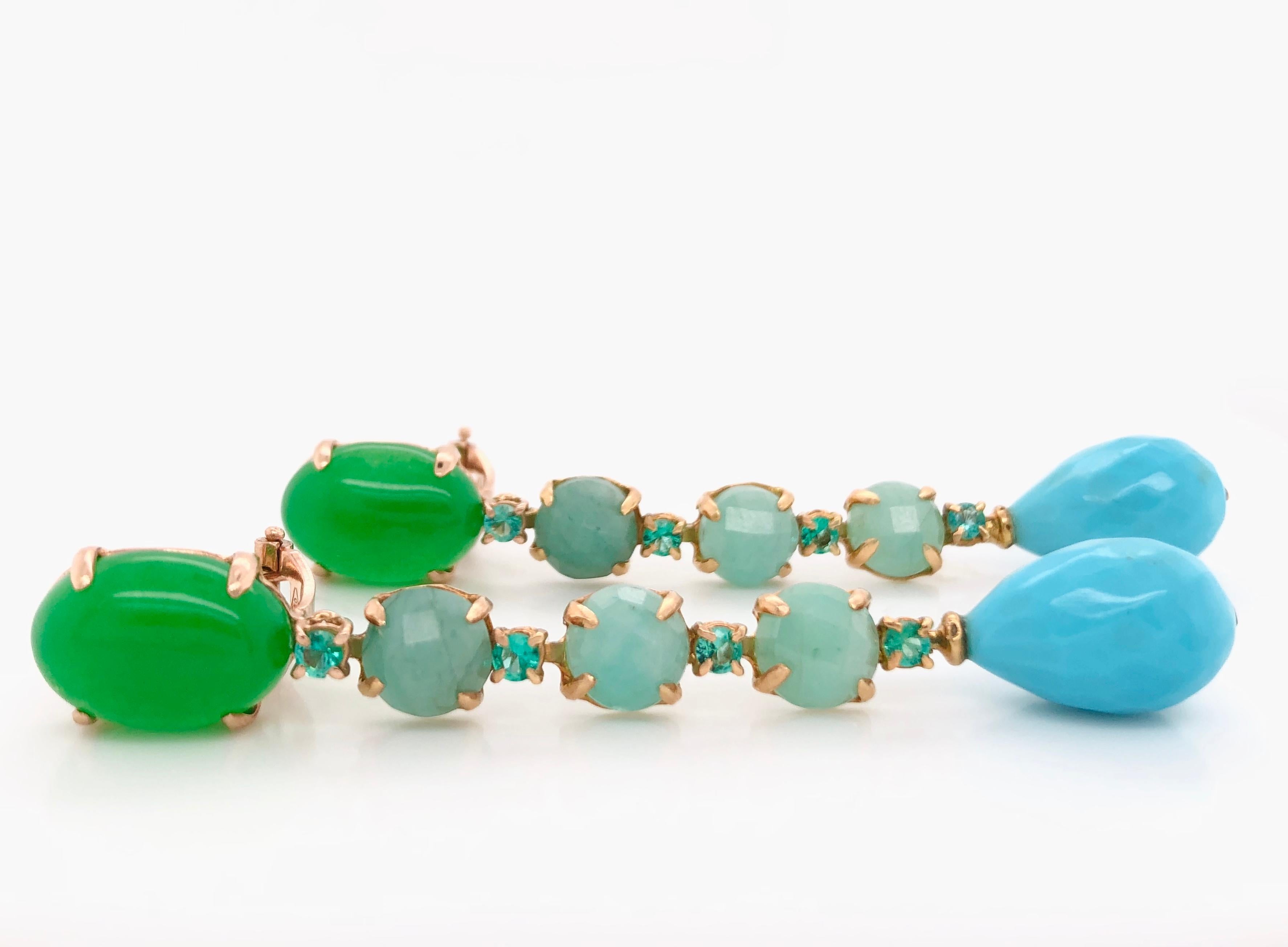 Green Agate, Emeralds, Turquoise on Yellow Gold 18 Karat Chandelier Earrings 2