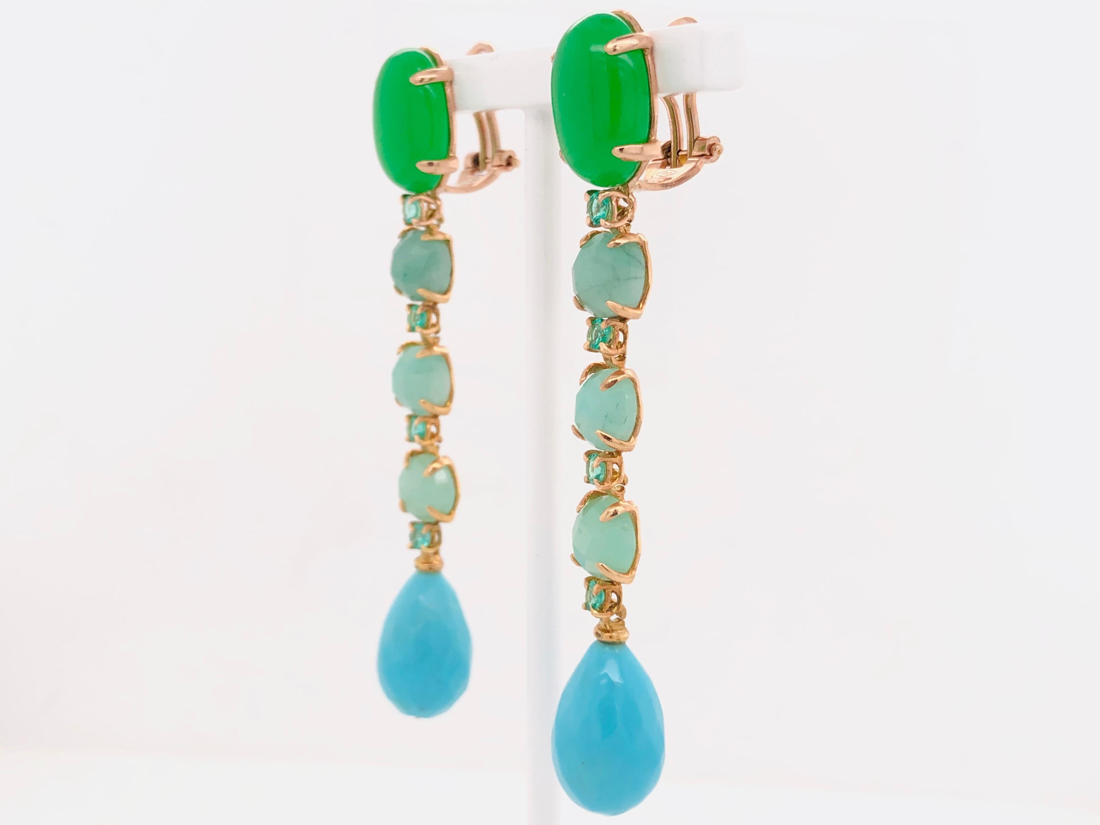 Green Agate, Emeralds, Turquoise on Yellow Gold 18 Karat Chandelier Earrings 3