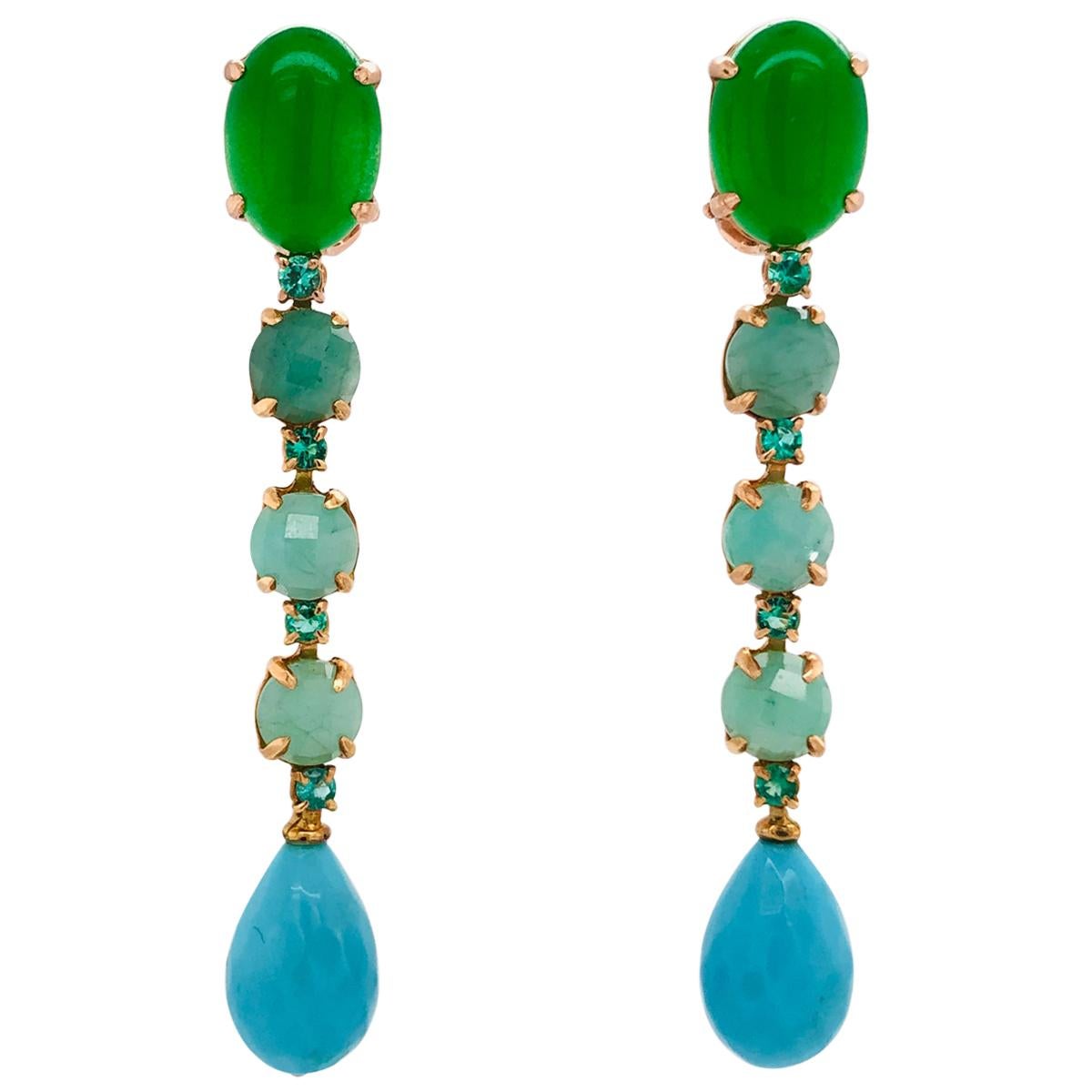 Green Agate, Emeralds, Turquoise on Yellow Gold 18 Karat Chandelier Earrings