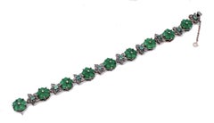 Green Agate Flowers, Emeralds, Diamonds, 9 Karat Rose Gold and Silver Bracelet