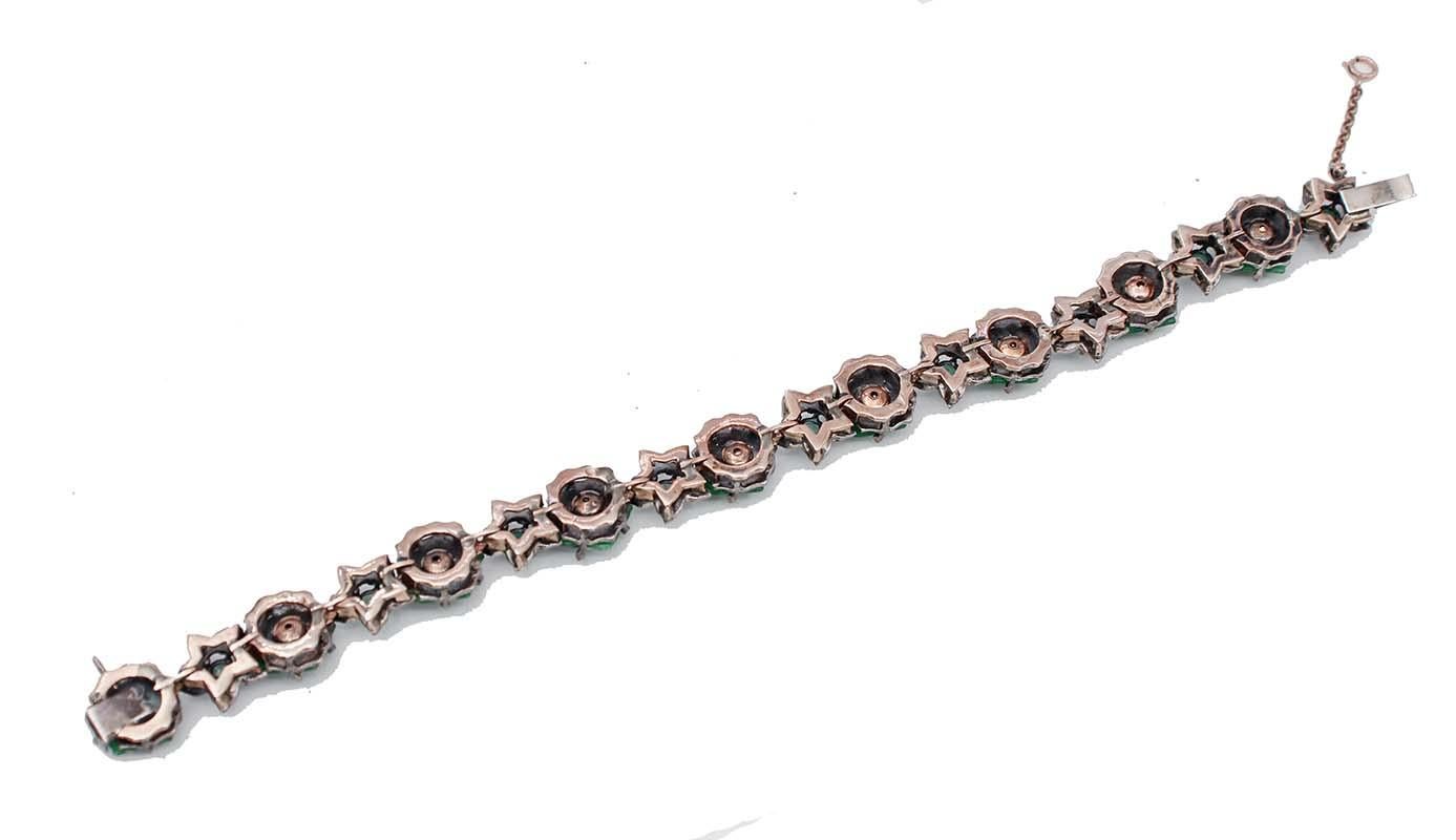 Retro Green Agate Flowers, Emeralds, Diamonds, 9 Karat Rose Gold and Silver Bracelet For Sale