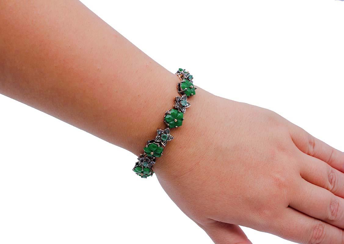 Mixed Cut Green Agate Flowers, Emeralds, Diamonds, 9 Karat Rose Gold and Silver Bracelet For Sale