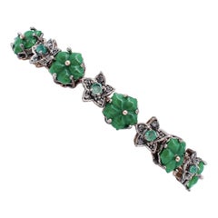 Armband aus 9 Karat Roségold und Silber mit grünen Achatblumen, Smaragden, Diamanten