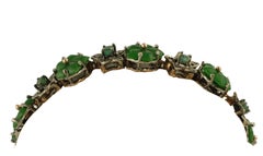 Green Agate Flowers, Emeralds, Diamonds, 9 Karat Rose Gold and Silver Bracelet