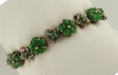 Green Agate Flowers, Emeralds, Diamonds, 9 Karat Rose Gold and Silver Bracelet
