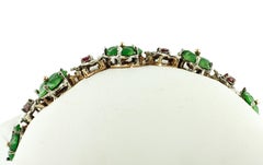 Green Agate Flowers, Rubies, Diamonds, 9 Karat Rose Gold and Silver Bracelet