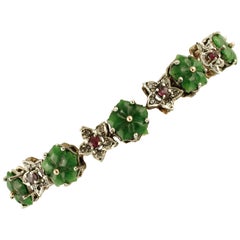 Green Agate Flowers, Rubies, Diamonds, 9 Karat Rose Gold and Silver Bracelet