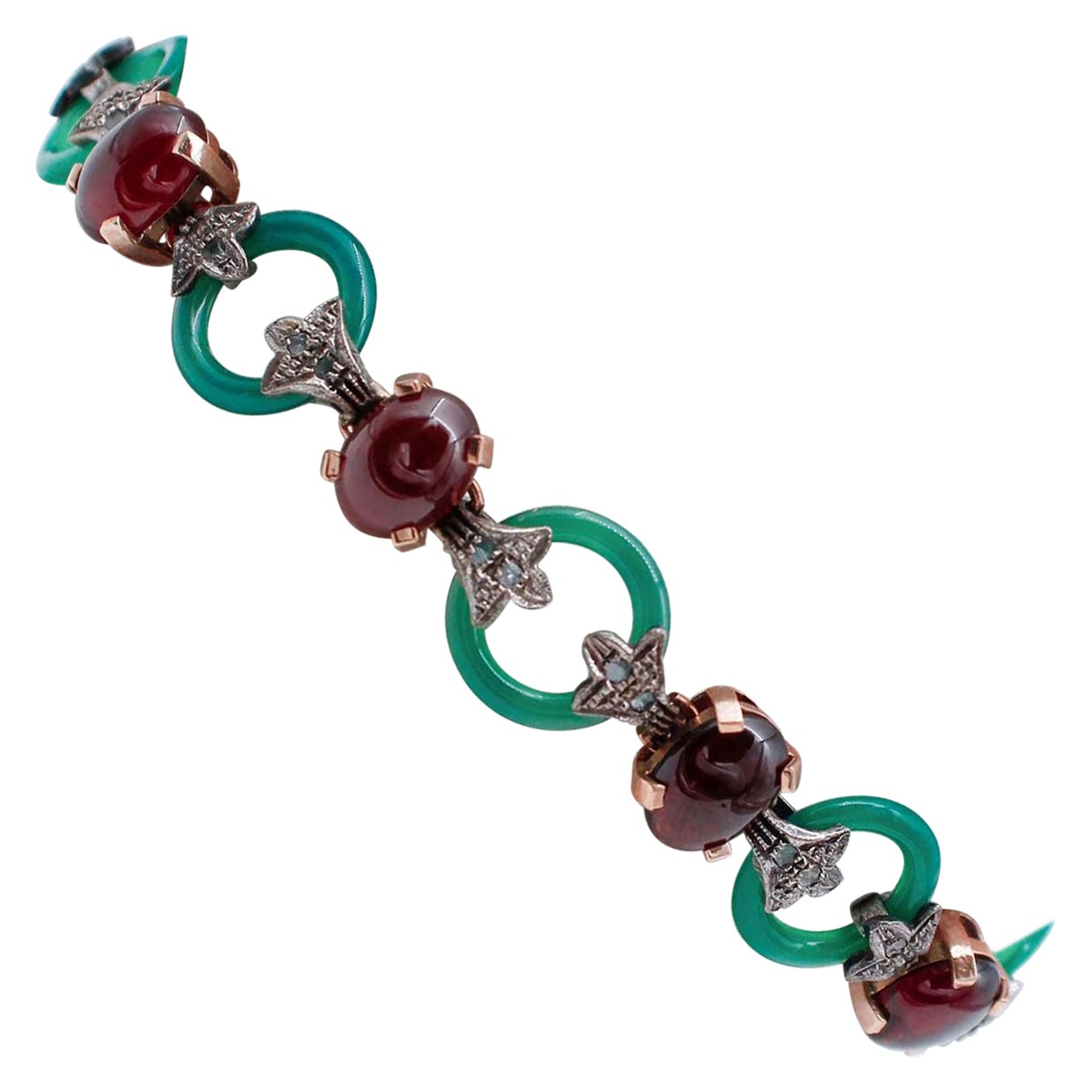 Agate verte, grenats, diamants, bracelet Retrò en or rose et argent 9 carats