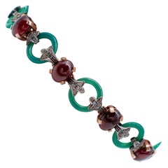 Agate verte, grenats, diamants, bracelet Retrò en or rose et argent 9 carats