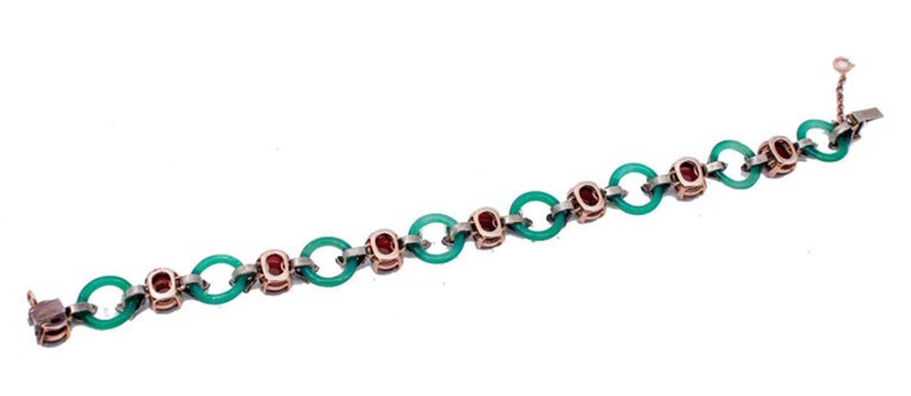 Retro Green Agate, Garnets, Diamonds,  Rose Gold and Silver Retrò Bracelet For Sale