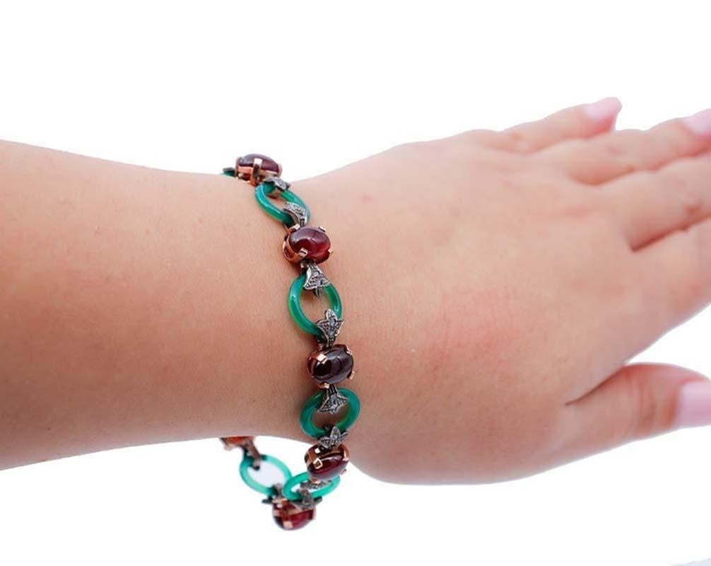 Ágata verde, granates, diamantes,  Pulsera Retrò Oro Rosa y Plata en Bueno estado para la venta en Marcianise, Marcianise (CE)