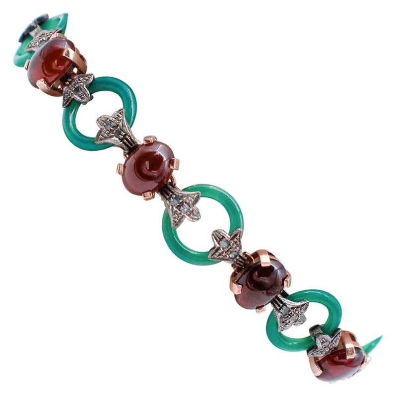 Agate verte, grenats, diamants,  Bracelet Retrò en or rose et argent