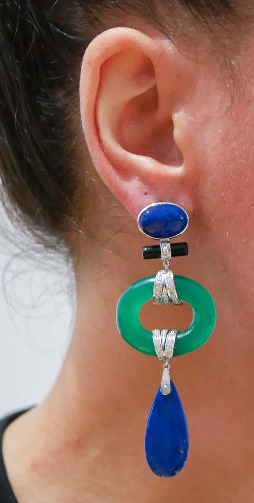 Green Agate, Lapis, Onyx, Diamonds, Platinum Dangle Earrings. In Good Condition For Sale In Marcianise, Marcianise (CE)