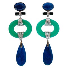 Green Agate, Lapis, Onyx, Diamonds, Platinum Dangle Earrings.