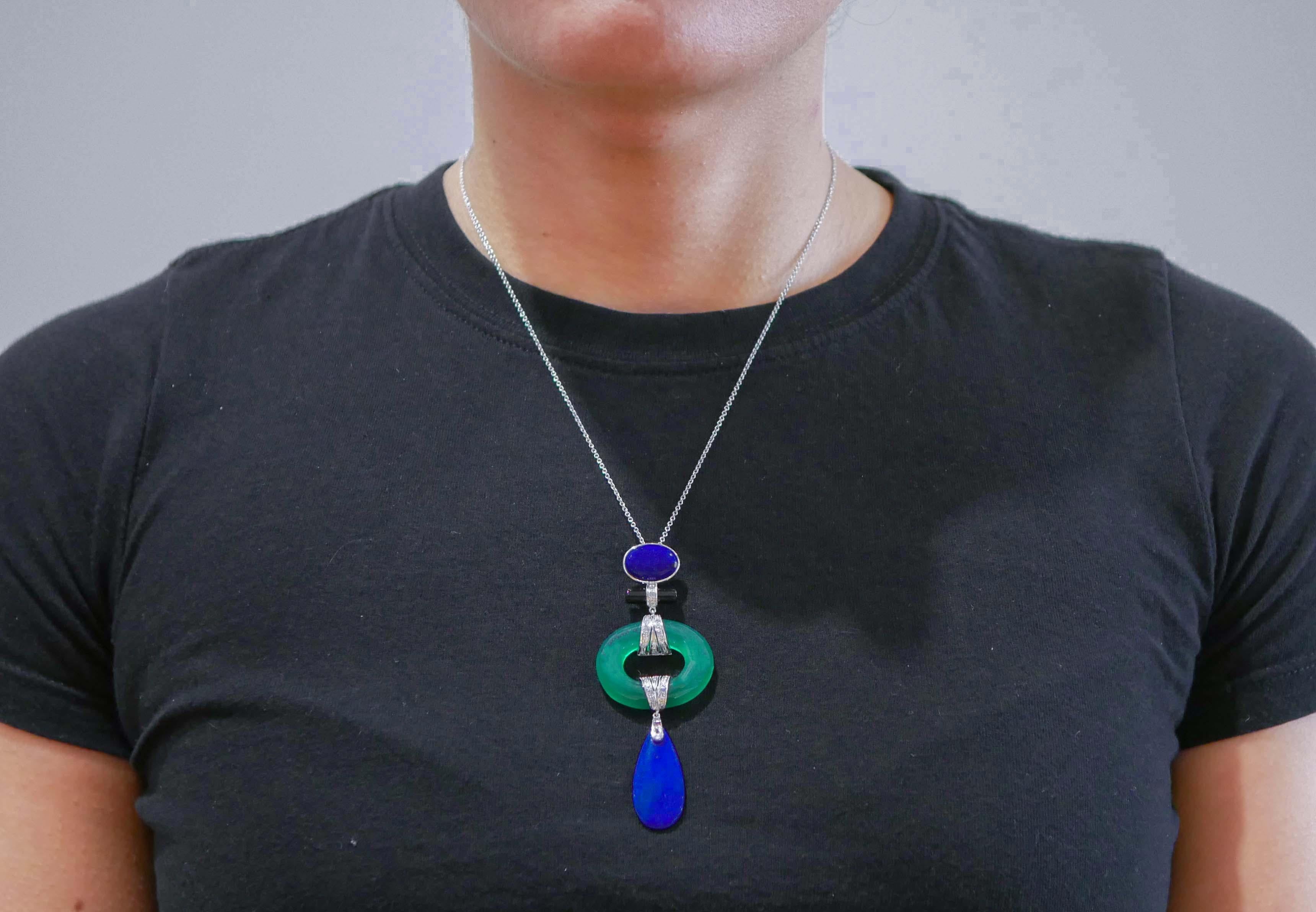 Green Agate, Lapis, Onyx, Diamonds, Platinum Pendant Necklace. In Good Condition For Sale In Marcianise, Marcianise (CE)