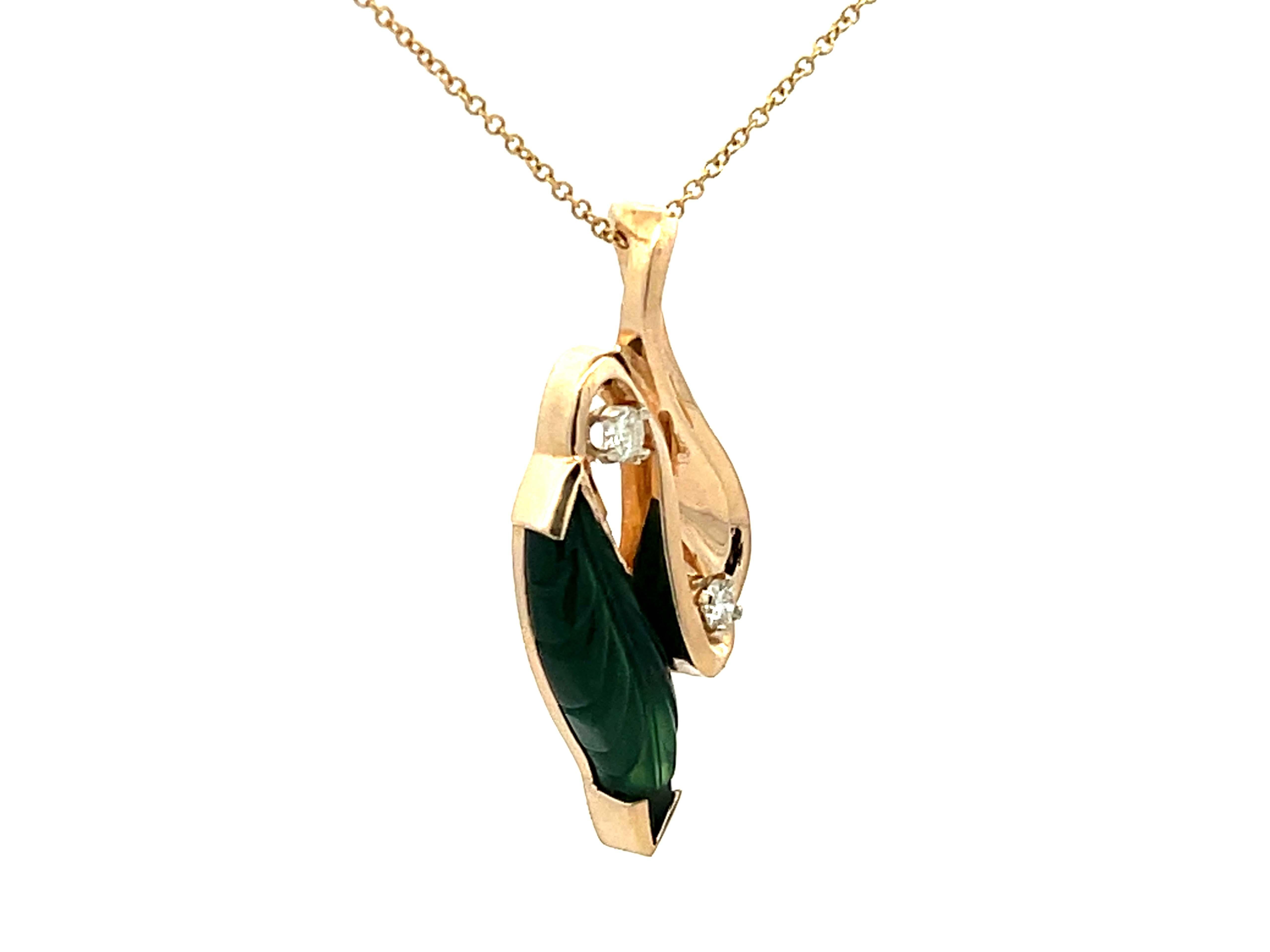 Modern Green Agate Leaf and Diamond Necklace 14K Yellow Gold For Sale