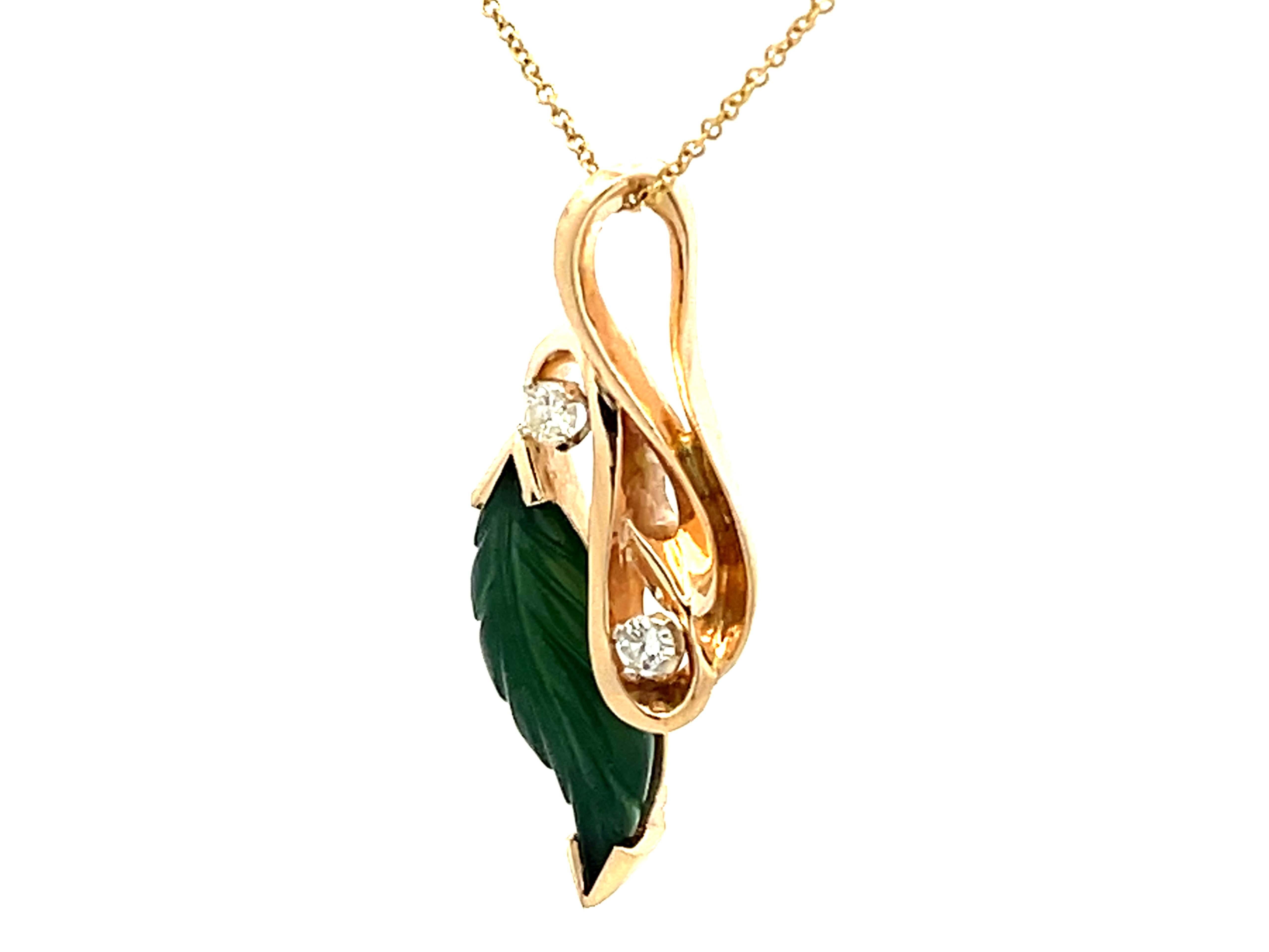 Brilliant Cut Green Agate Leaf and Diamond Necklace 14K Yellow Gold For Sale